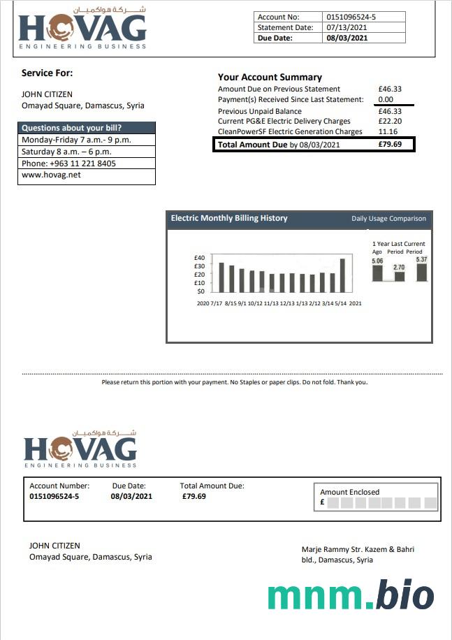 Syria Hovag Firma elektryczność rachunek za media szablon w formacie Word i PDF